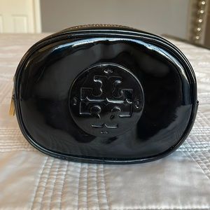 Tory Burch black patent gold zip cosmetic pouch
